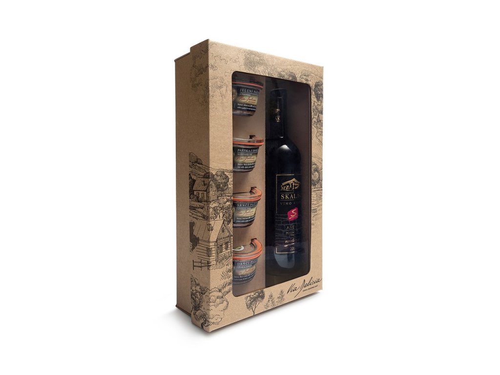 Dárková kazeta 4 zvěřinové paštiky a červené víno