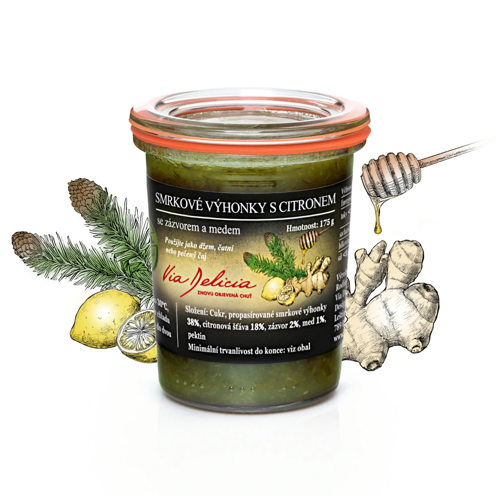 Džem smrkové výhonky s citronem, zázvorem a medem