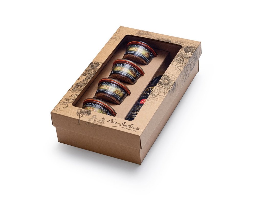 Dárková kazeta 4 zvěřinové paštiky a červené víno